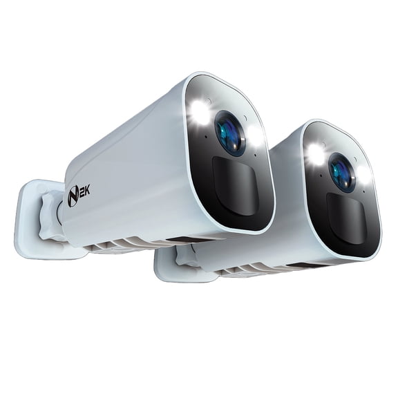Restored Wire Free (Battery) 2K Spotlight Cameras with 2-Way Audio and Audio Alerts and Siren - 2 Pack - White