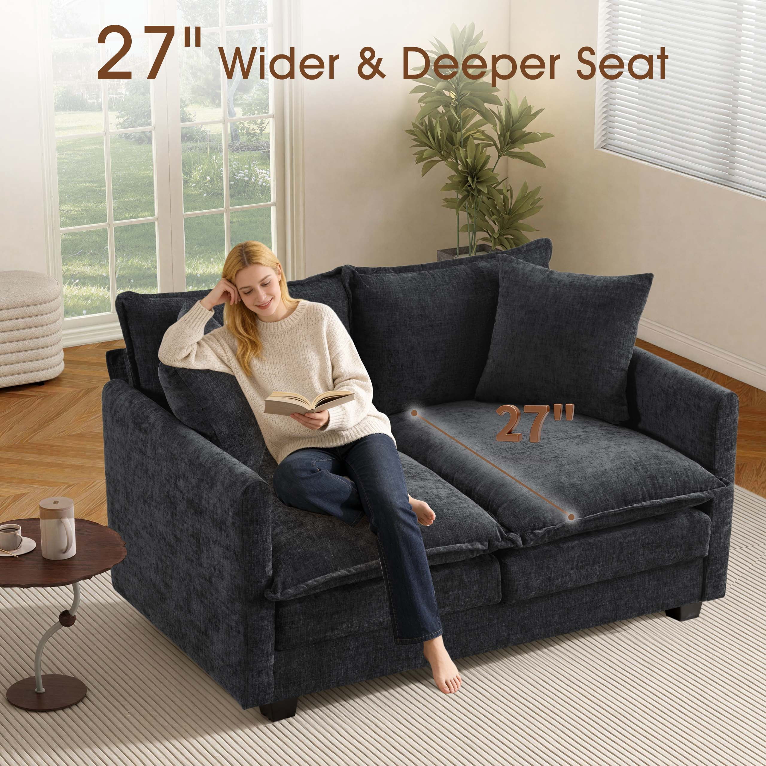 Dioepic 50" Loveseat Sofa Deep Seat Chenille Fabric with 2 Pillows for Living Room and Small Spaces, Black
