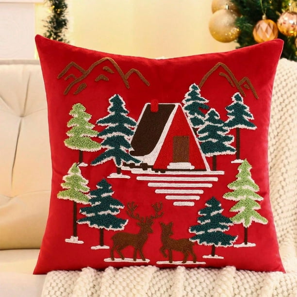 Juego de cojines navideños | Decoración navideña bordada con copos de nieve y árbol de Navidad | Cojín suave y aterciopelado para sofá y sala de estar | Decoración festiva en rojo y verde