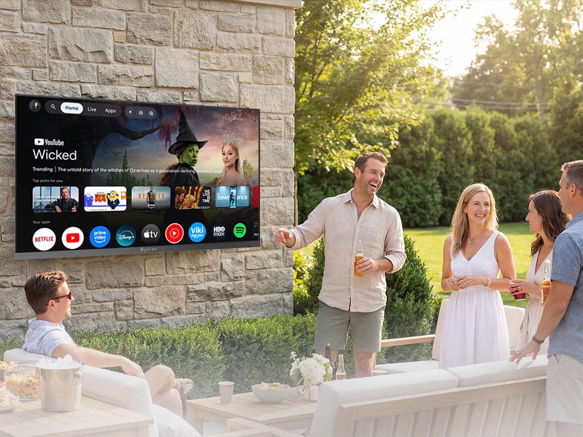 SYLVOX 43 inch Outdoor TV, Ultra-Narrow Bezel, IP56 Waterproof, Google TV OS w/AI Wallpaper, Dolby Atmos, 1000 Nits Brightness for Partial Sun (Frameless, 2026)
