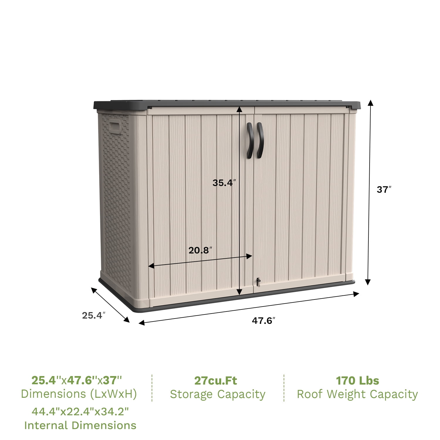 Patiowell 26 Cu.FT Outdoor Storage Shed with Floor, Lockable & Waterproof Horizontal Resin Cabinet for Patio Tools, Beige