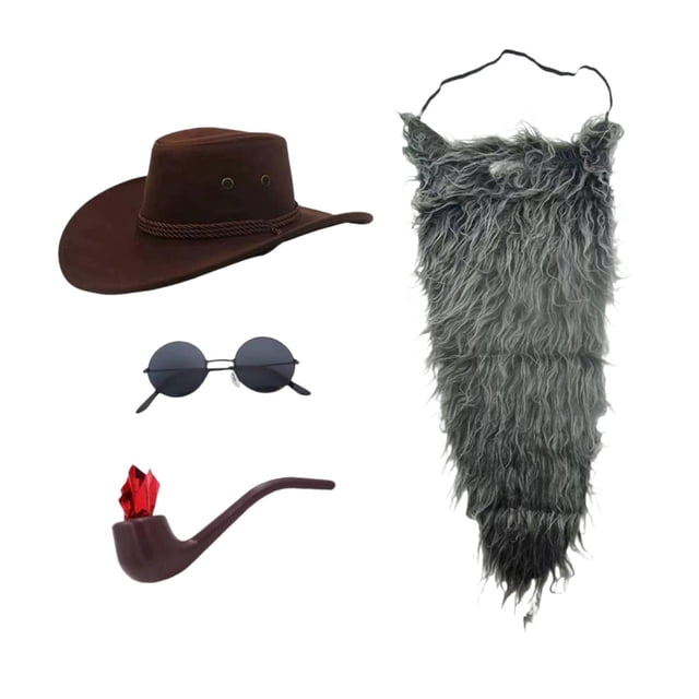 Sombrero de vaquero y barba, disfraz original, gafas de sol realistas para carnaval. gris