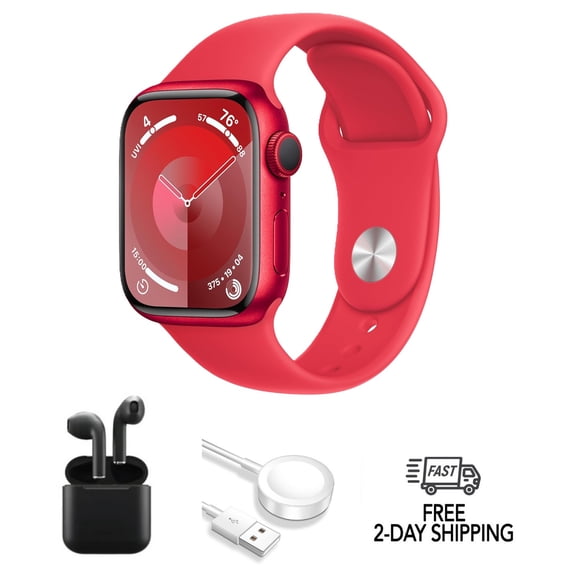 Restored Apple Watch Series 9 Aluminum 41mm A2978 (GPS Only, No Cellular) Red w/ Wireless Earbuds (Refurbished)