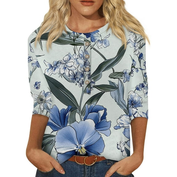 Xyxonk Womens 3/4 Sleeve Tops Casual Vintage Floral Print Crew Neck Button Down Shirt Three Quarter Length T-Shirt Loose Graphic Blouse Womens Tunic Tops Clothes Blue L