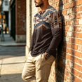 thumbnail image 5 of FGVCTG Mens T-Shirts Color Block Aztec Western Long Sleeve Henley Tops Button Neck Tee Loose Pullover Top for Casual Outings Daily Brown 3XL, 5 of 6