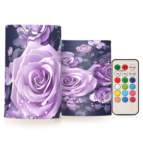 Purple Rose Flickering Flameless Candles Battery Operated with Remote Timer LED Pillar Candles Set of 2