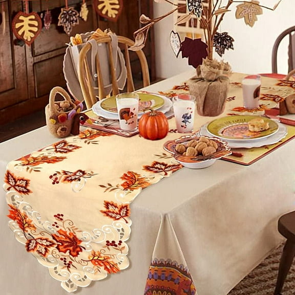 Fall Embroidered Table Runner & 4 pieces Doily Table Mats Set, 15x67 inches long Thanksgiving Dinner Table Runner and 10" Round Doilies