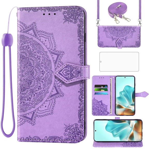 Asuwish Screen Protector Included Mandala Flower Hard Shell Wallet Cell Phone Case with Tempered Glass Screen Protector for Motorola Moto Edge 60 Fusion, Purple