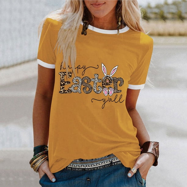 Fiudx Ofertas Flash Del Día Top de Manga Corta con Cuello Redondo y Estampado Regular de Feliz Pascua Sexy de Verano para Mujer
