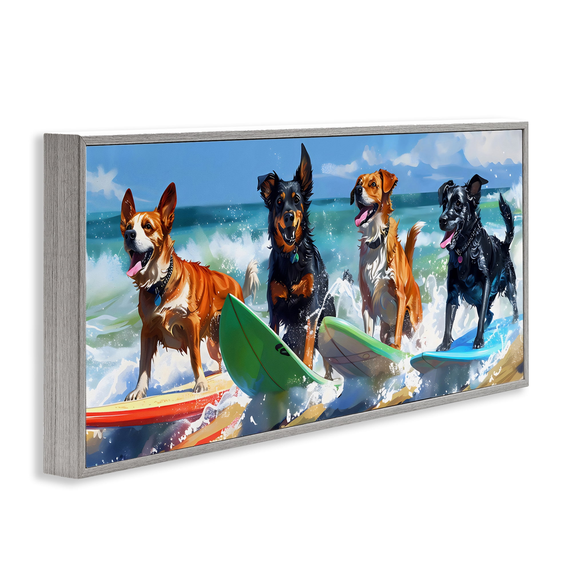 Stupell Industries Dogs on Surfboards Summer Fun Gray Framed Giclee Art, design by Creative Studio
