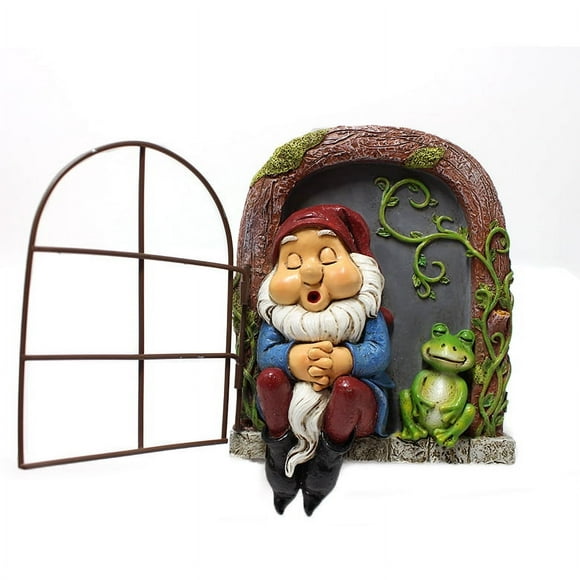 Dwarf and frog sitting on the window - 16.5cm Outdoor Garden Ornament Statue, Garden Peeker Yard Art, Fairy Tree Sculpture Garden Decoration