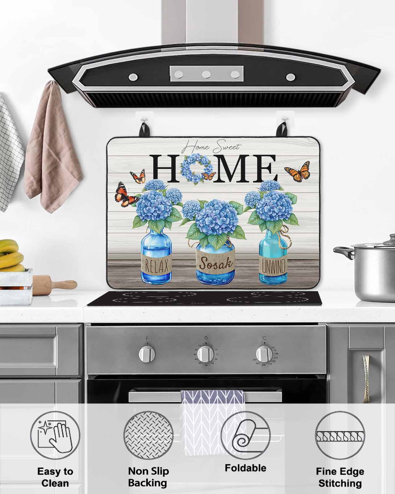 nqOlkjepod Large Induction Cooktop Protector Mat 24"x21", Blue Flower Stove Top Covers for Electric Stove, Summer Hydrangea Floral Leaf Butterfly Stove Burner Cover Mats, Glass Top Stove Cover