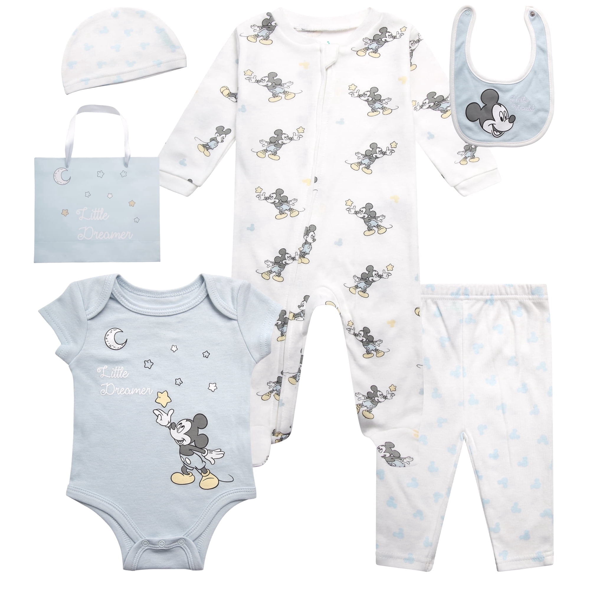 Disney Newborn Baby Girl Boy Layette Set Body Coveralls Sweatpants, Hat, Gift Bag 6 Piece (0-6M), 0-3 Months, Blue White Mickey