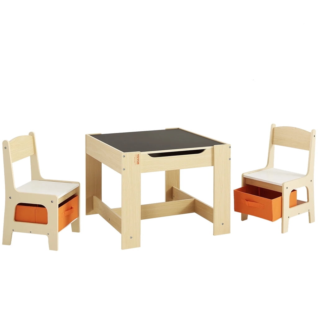 Aiho 3 Piece Child Table and Chair Set, 4-in-1 Kids Table Set, Child Activity Desk with Chalkboard/Whiteboard and Bookshelf - Retro