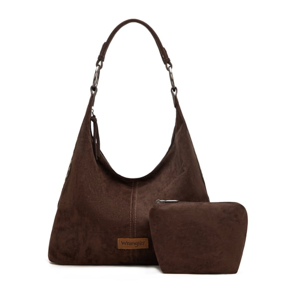 Wrangler Suede Hobo Purse for Women Embossed Soft Slouchy Shoulder Bag 2Pcs Set, Coffee