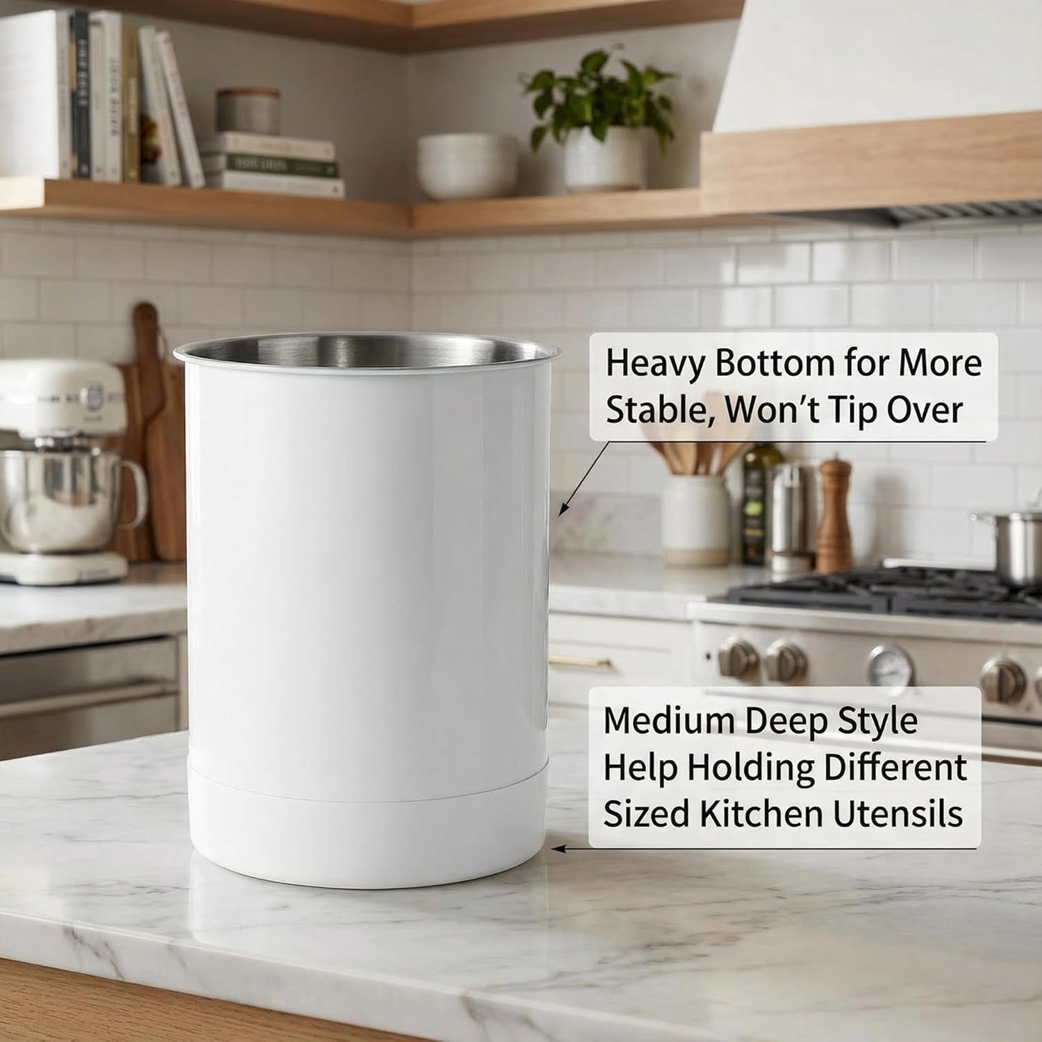 KSENDALO Stainless Steel Utensil Holder Set of 3 - 6.6* 5inch Round Kitchen Caddy, Crock, and Organizer for Cooking Spoons, Silverware, and Spatulas - Stylish Metal Container for Countertop, White