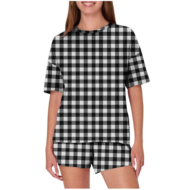Pijama informal holgado con estampado de cuello redondo y manga corta para mujer, de poliéster