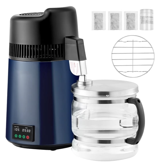 KFFKFF 6L 1.6 Gallon Water Distiller, Countertop Pure Water Purifier with 900W Power, Glass Container, Stainless Steel Design for Home Use, Blue-Black