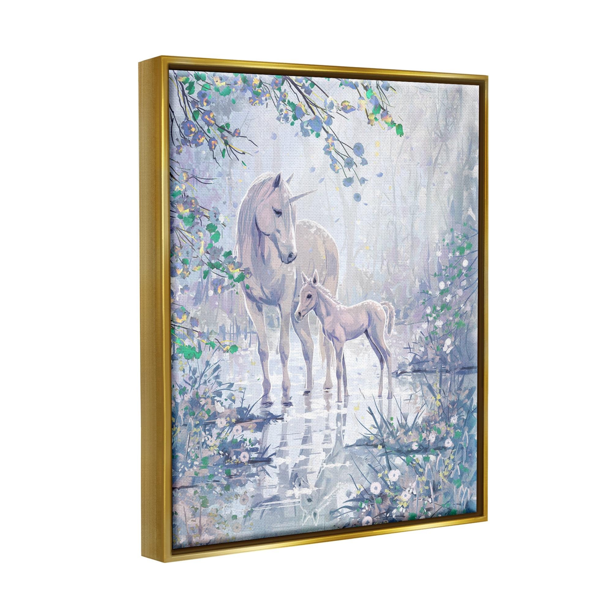 Stupell Unicorn Magical Forest Meadow Fairy Tales & Fantasy Painting Gold Floater Framed Art Print Wall Art