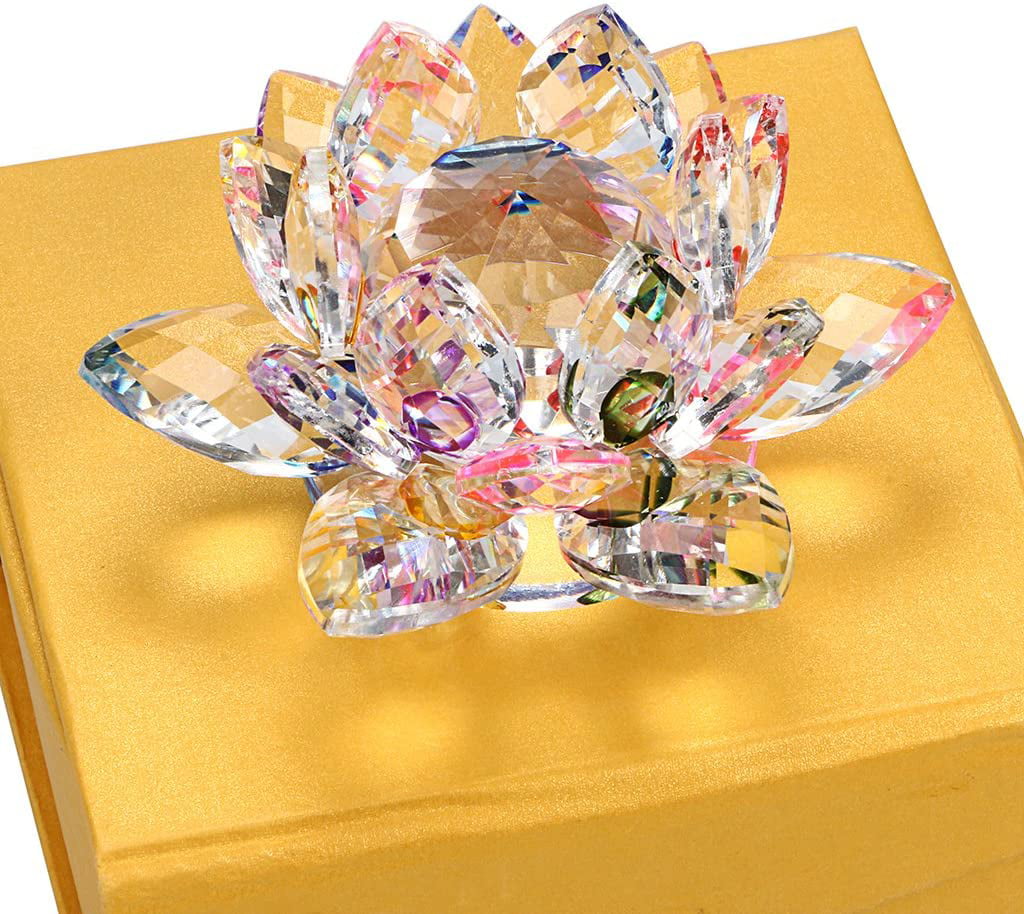 4 inch Yellow Hue Reflection Crystal Lotus with Gift Box 