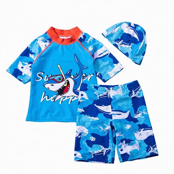 KPOPLK Baby Toddler Boys 3-Pieces Swimsuit Sets Blue Shark Bathing Suit Rash Guards Sunsuit Swimwear with Hat UPF 50 (Orange,12-18 Months)