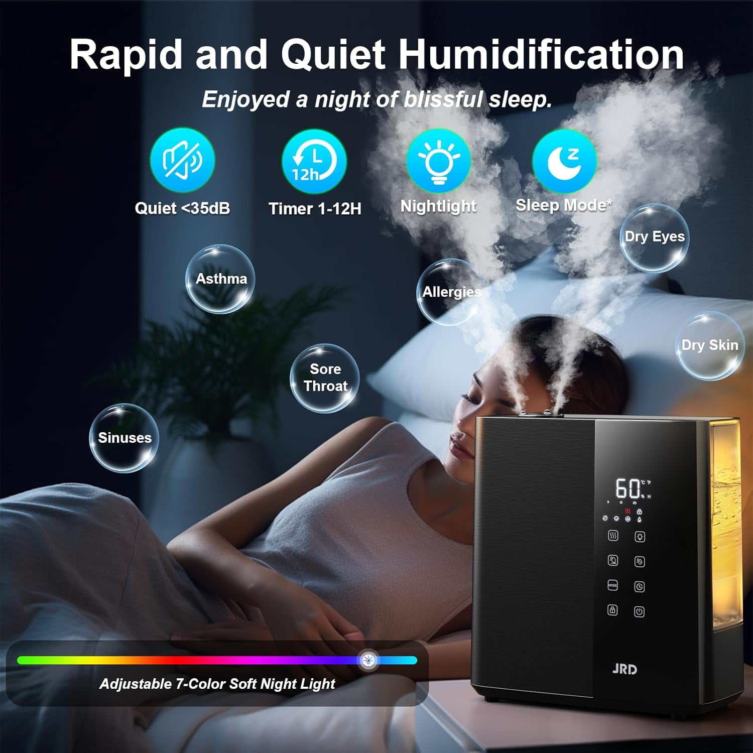 Warm & Cool Mist Humidifiers for Bedroom 5L, Quiet Ultrasonic Air Humidifier Fast Symptom Relief, 50H Runtime, 12H Timer, Oil Diffuser, 7 Color Light for Large Room, Office, Baby, Plants-Black