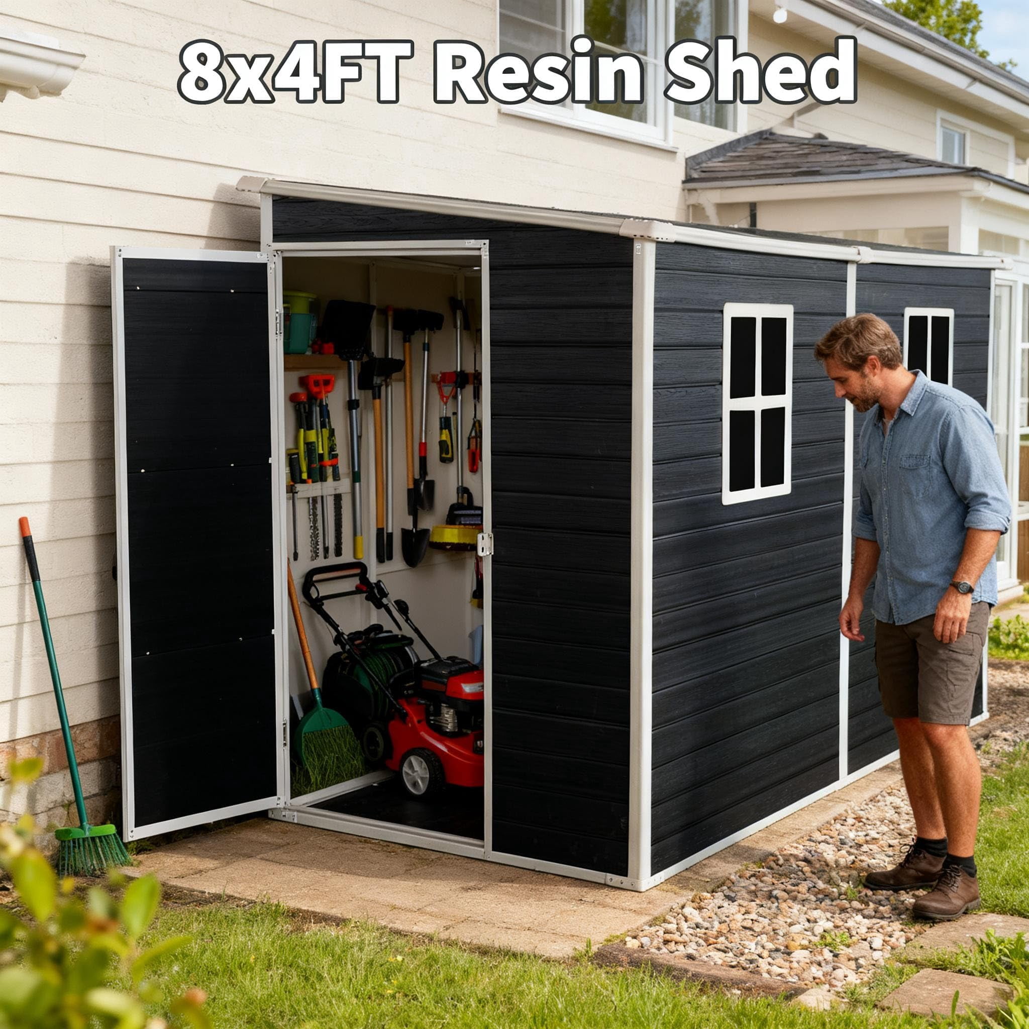 4x8 FT Lean to Shed with Floor, Resin Storage Shed & Outdoor Storage Clearance with 2 Windows, Backyard Storage Sheds for Garden, Patio, Backyard, (Black)