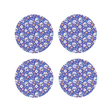 

Tideii flower Skull cartoon for Leather Coasters 4 Pieces Anti-fouling and Anti-scalding Decorative Coasters Suitable for Restaurants Kitchens Coffee Shops-Round Shape
