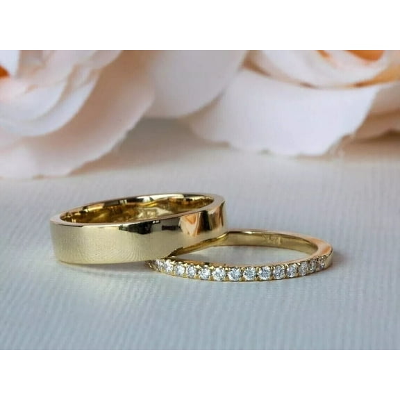 TAAPSEE JEWELS His & Her Couple Wedding Band Ring in Round Cut Cubic Zirconia 14K Yellow Gold Finish Silver