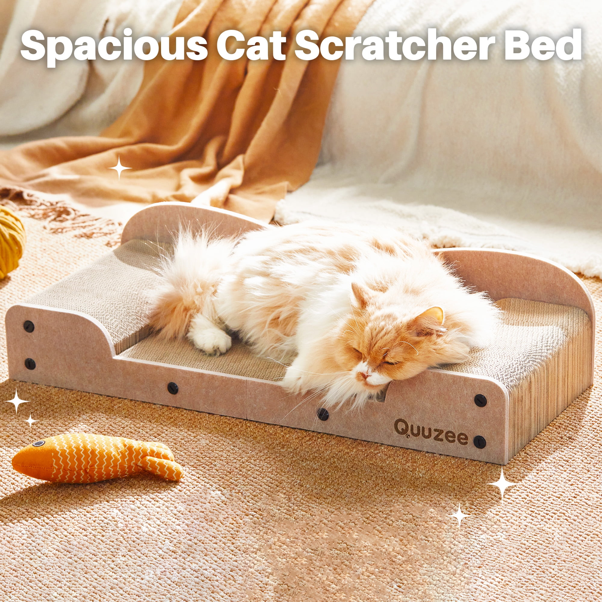 Quuzee 26-Inch Large Cat Scratcher Lounger Bed, Durable Cat Scratching Pad, Cat Scratch Board for Indoor Cats, Corrugated Cardboard Cat Scratcher Bed to Lounge and Scratch, Furniture Protector, Beige