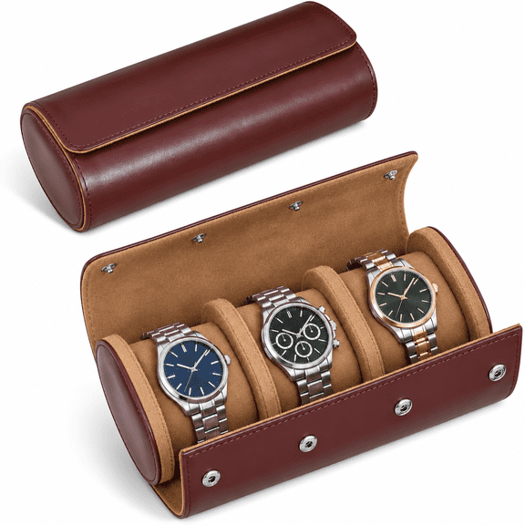3-Slot Watch Roll Travel Case,Leather Watch Storage Organizer and Display for Men and Women,Brown