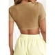 thumbnail image 1 of Top de manga corta para mujer, camisa de cuello redondo con cordones de Color sólido, ropa para citas y compras, 1 of 6