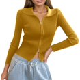 thumbnail image 1 of Women's Double Zip Ribbed Knit Cardigan Tight Fitting Crop Top With Collar, 1 of 4