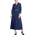 thumbnail image 2 of INSPIRE CHIC Women's Dress Pleated 3/4 Sleeves Collared V Neck Belted Maxi Dresses XS Dark Blue, 2 of 5