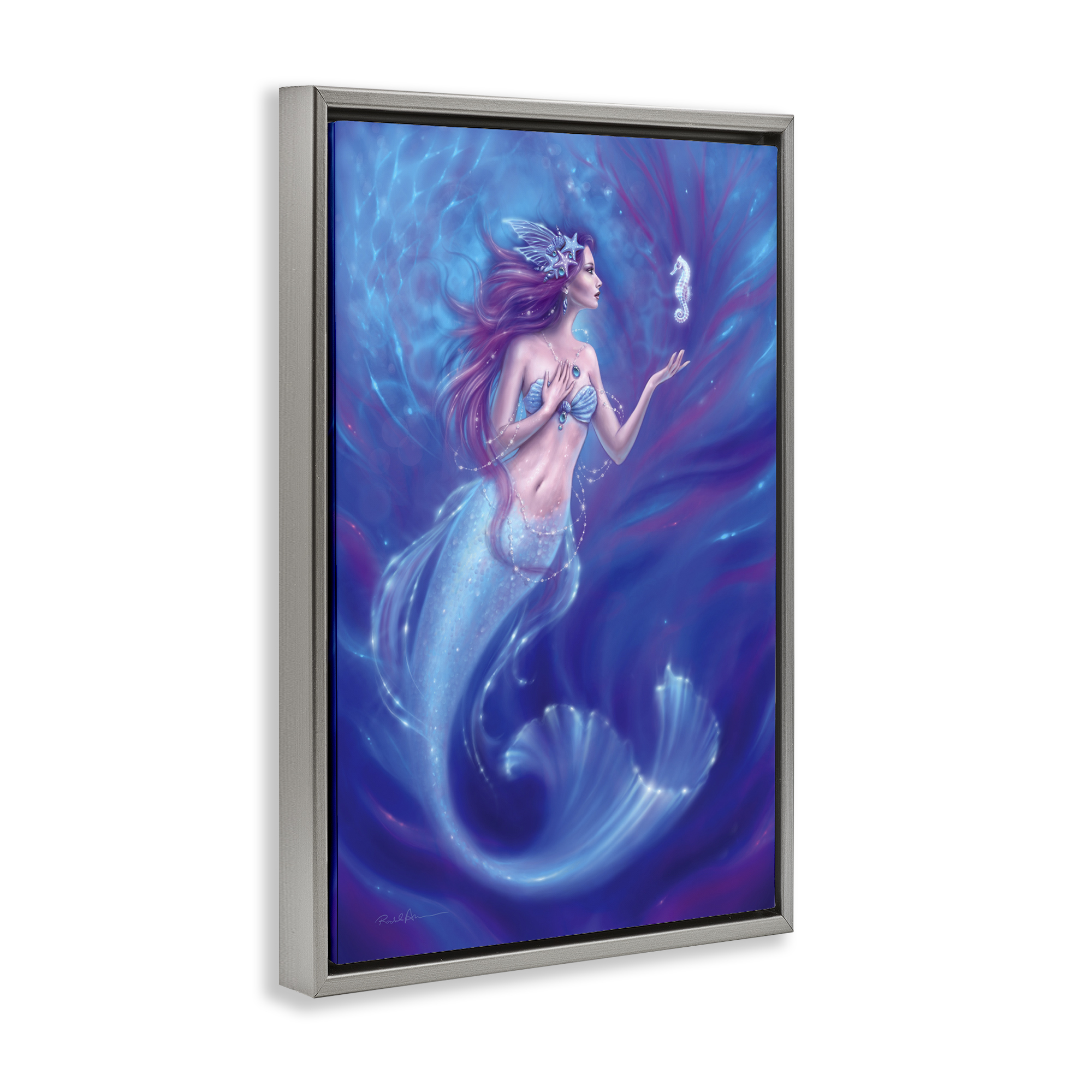 Jewel Bedecked Mermaid & Seahorse Gray Framed Floater Canvas Wall Art, design by Rachel Anderson