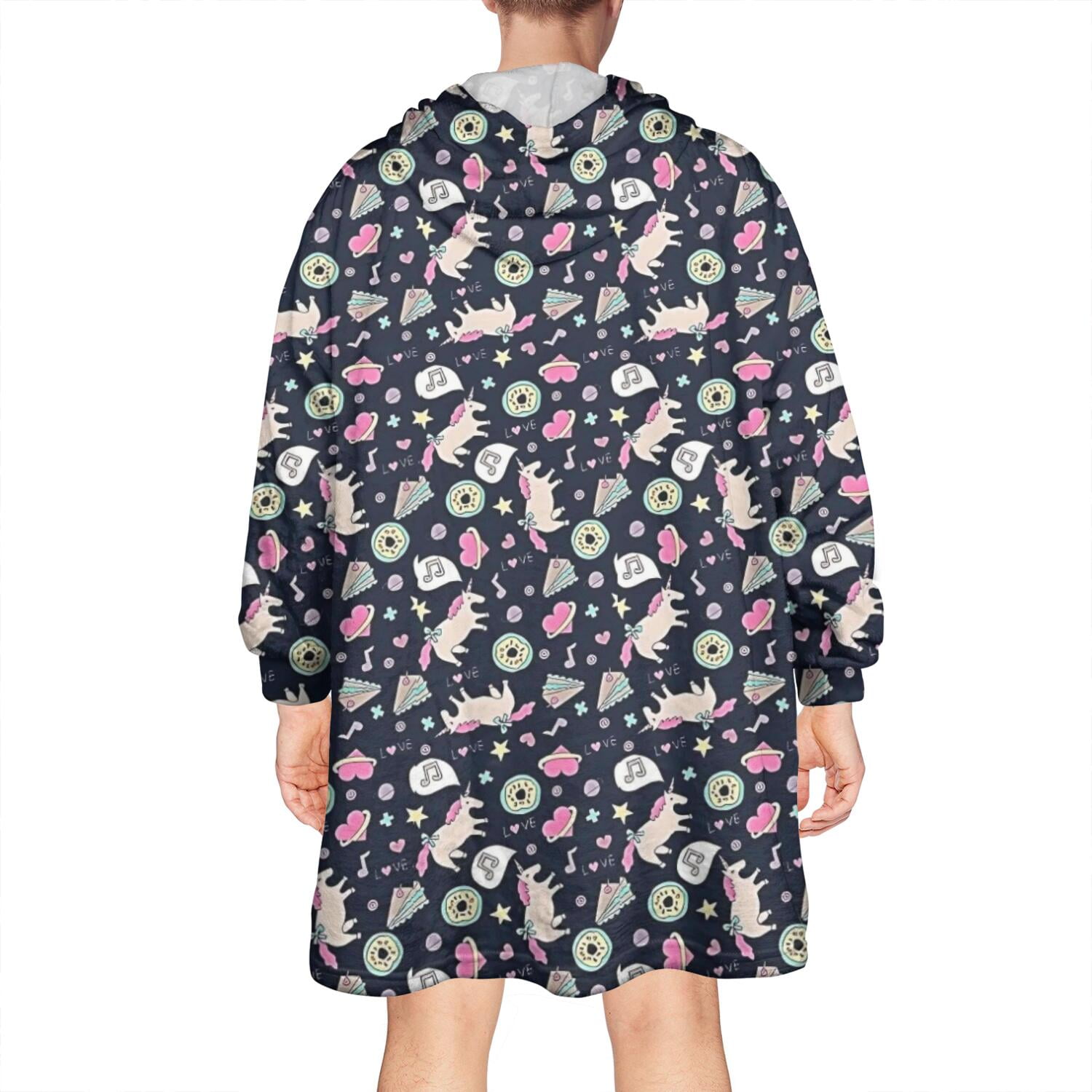 Wearable Oversized Blanket,Dark Blue Cartoon Unicorn Pattern Wearable Blanket Hoodie for Adults,Cozy Hooded Blankets with Super Pockets,Super Warm Fuzzy Pullover for Women & Men