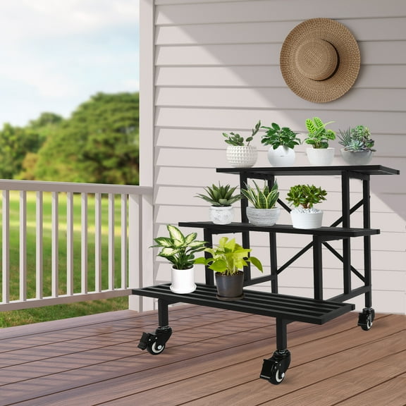 ToppiJoy 3-tier Garden Plant Shelf, Moving Garden Plant Holder, Metal Plant Stand with Wheels Black