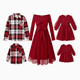 thumbnail image 1 of PatPat Conjuntos de camisetas de cuadros para familias y vestidos con faja y corte de malla roja, 1 of 2