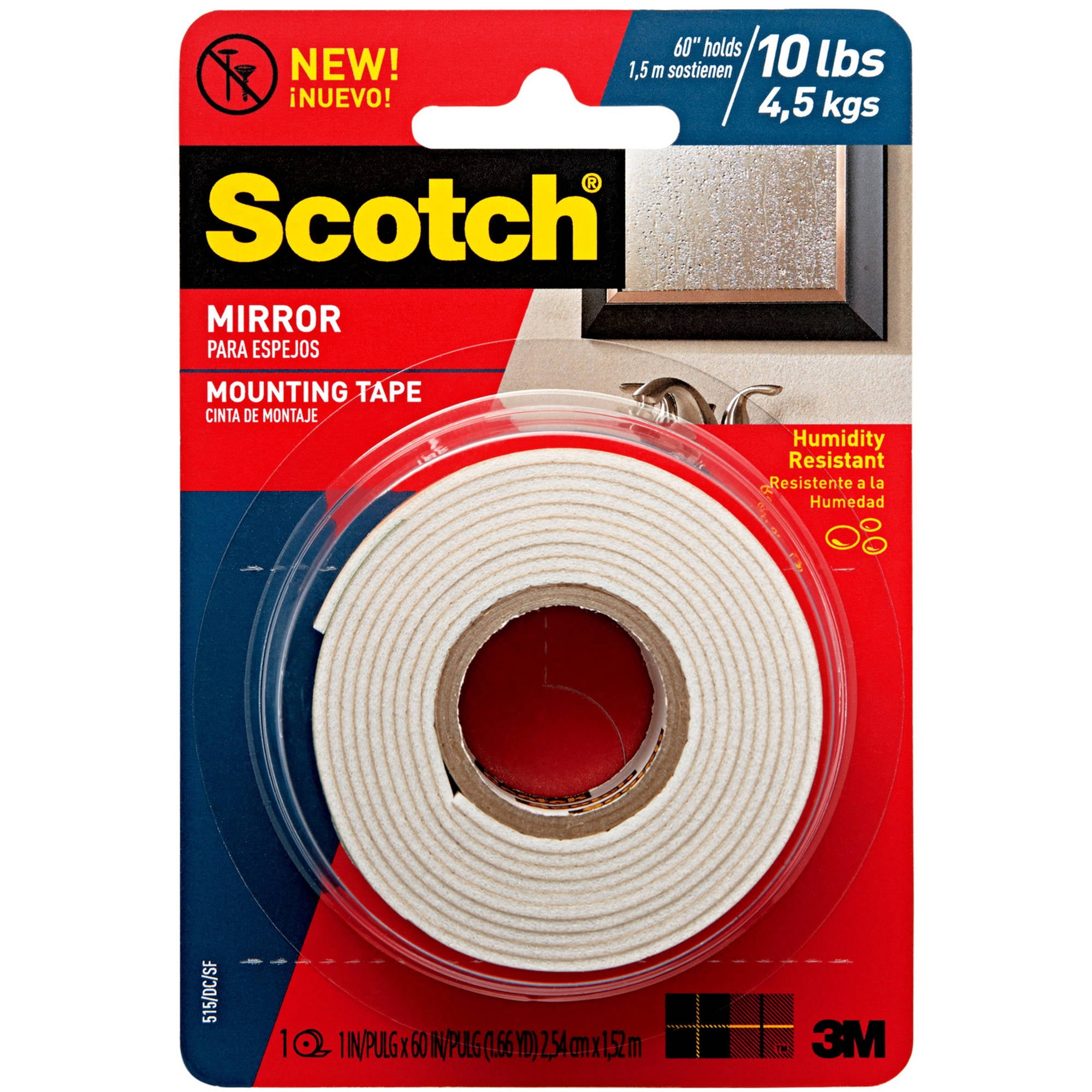 Scotch Mirror Mounting Tape , 1 in. x 60 in., White, 1 Roll/Pack 