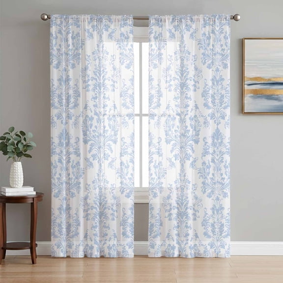Blue Boho Floral Sheer Curtains 72 Inch Length 2 Panels Set, Farmhouse Middle Century Flowers Voile Window Treatment Rod Pocket Curtains Sheers Drapes for Bedroom/Living Room/Kitchen 52"x72"x2