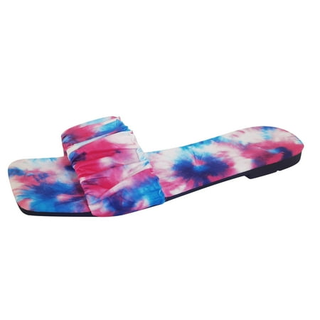 

Pgeraug womens slippers Women s Summer Flat Pleated Slip On Slippers Outdoor Tie-dyed Round Toe Shoes mens slippers Pink 41