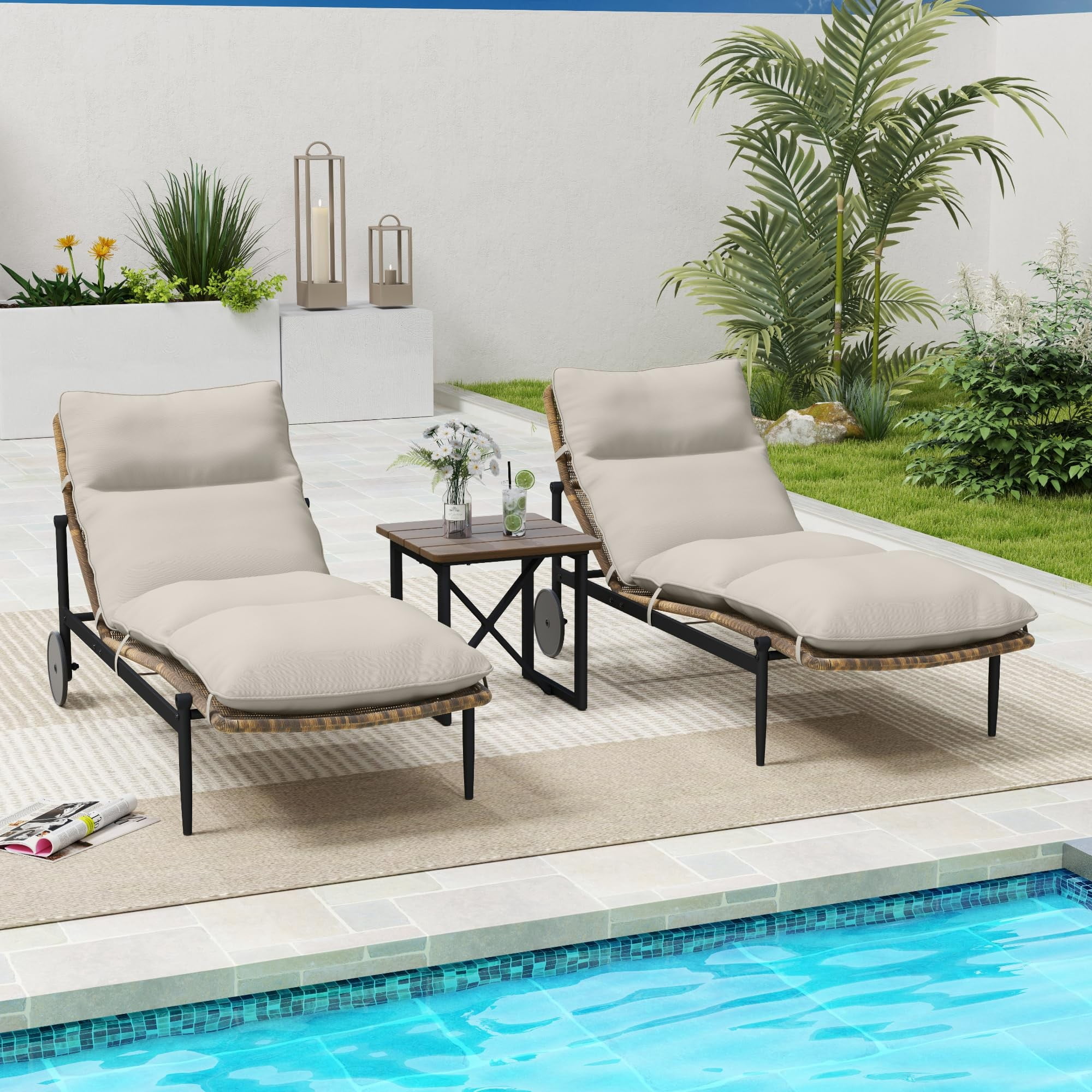 3PCS Patio Chaise Lounge Set of 2 with Table Outdoor Wicker Lounge Chairs with Cushion Wheels Aluminum Pool Lounge Chairs for Backyard Porch Deck, Beige