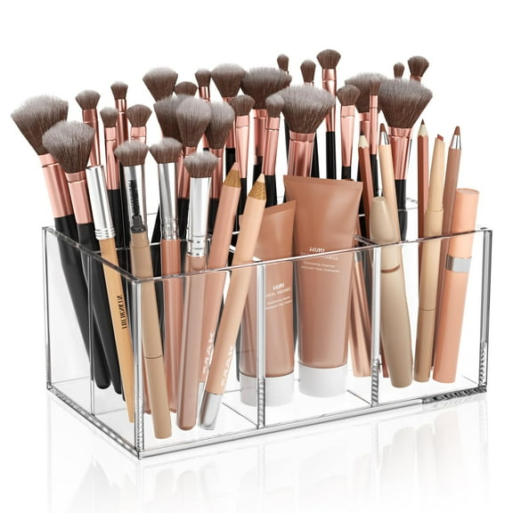 Niubee Clear Makeup Brush Holder 6-Slots Brush Organizer Acrylic Cosmetic Brushes Storage Organizer for Vanity Countertop