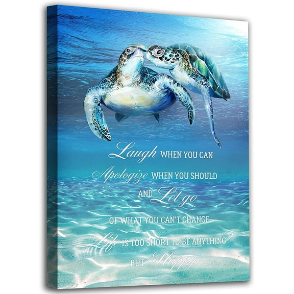 Inspirational Canvas Wall Art Bathroom Canvas Wall Decor Turtle Wall Pictures Ocean Coral Painting Family Blue Seascape Prints for Bedroom Living Room Kids Room Decor Framed Randy to Hang 12"X16"