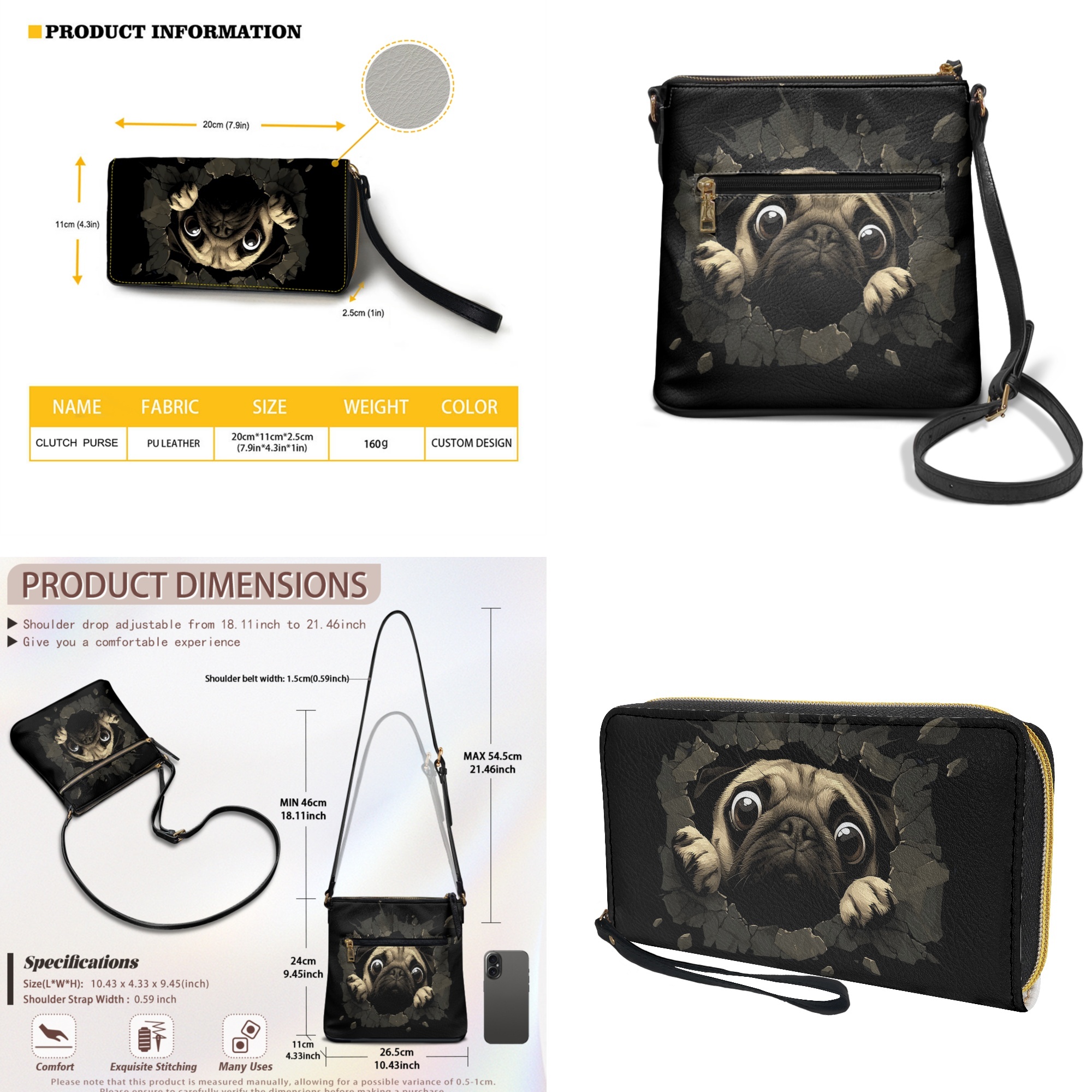 ZUXONGSY 3D Pug Dog Print Women's Multi-Functional Messenger Set - Large Hobo Bag with Wallet, Lightweight Crossbody Purse Set Waterproof for Vacation Shopping