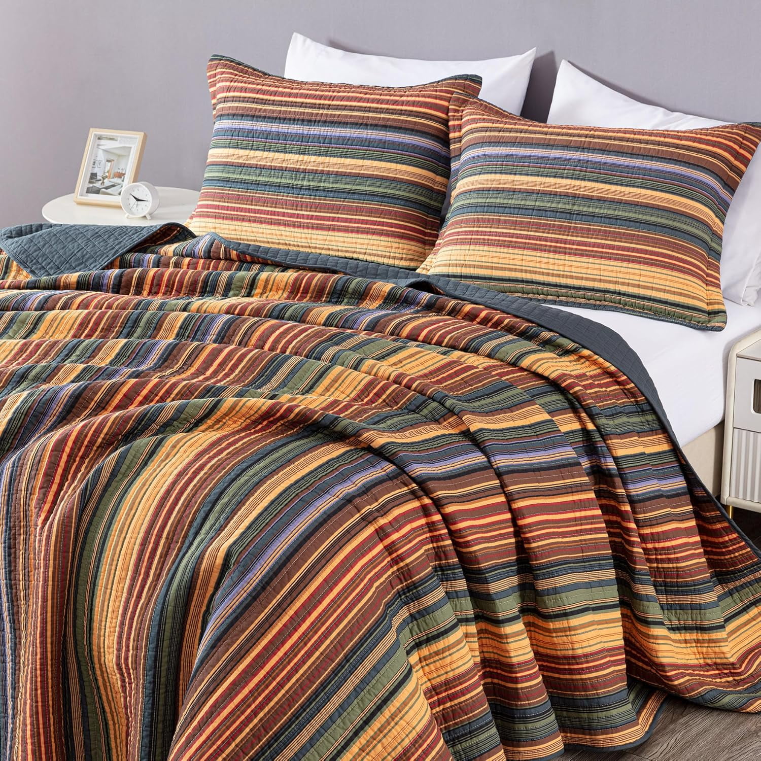 Chezmoi Collection Avery Striped Cotton Quilt Set Oversized King Size, 3-Piece Soft Pre-Washed 100% Cotton Quilt, Multi-Color
