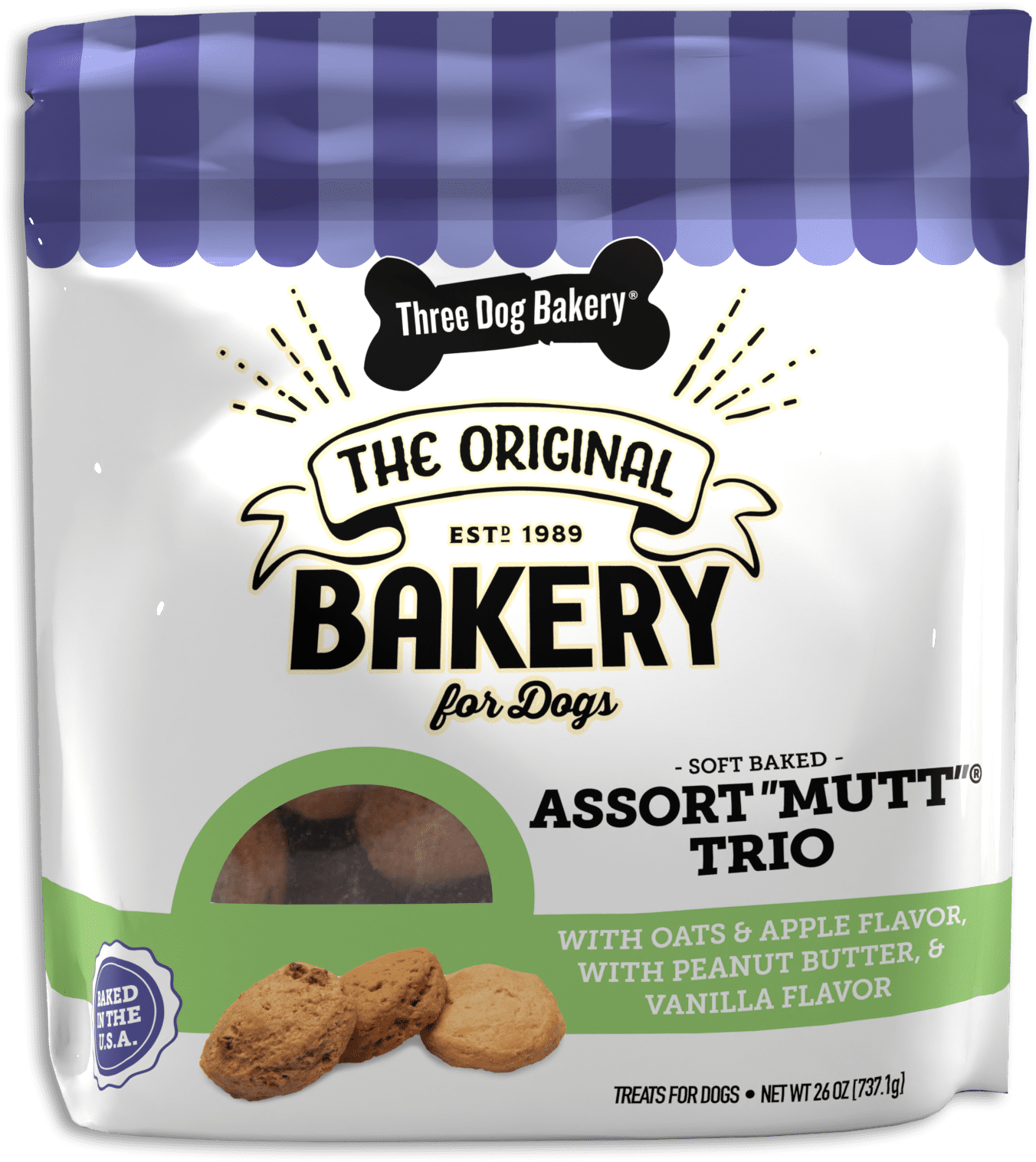 Three Dog Bakery Assort"mutt" Trio Soft Dog Treats for Dogs, Peanut