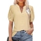 thumbnail image 3 of Blusa de manga abombada con cuello en V, Color puro, ajustada, informal, de manga corta, para mujer, amarillo, XXL, 3 of 5