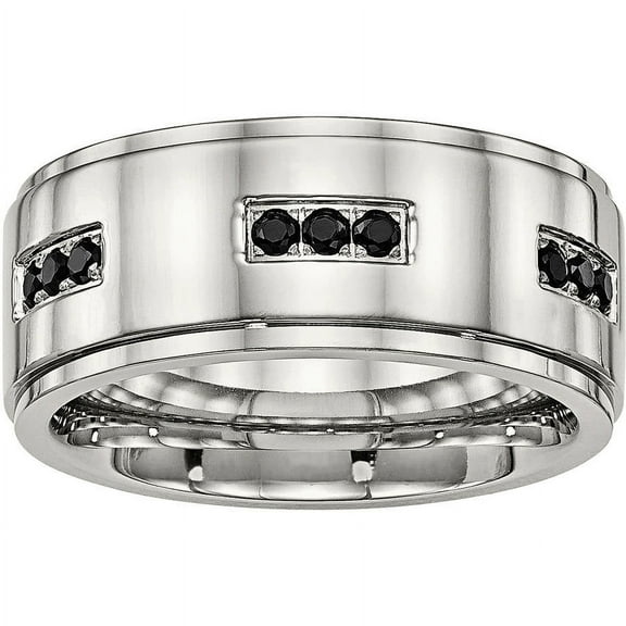 Primal Steel Stainless Steel Black Cubic Zirconia 9mm Ridged Edge Band