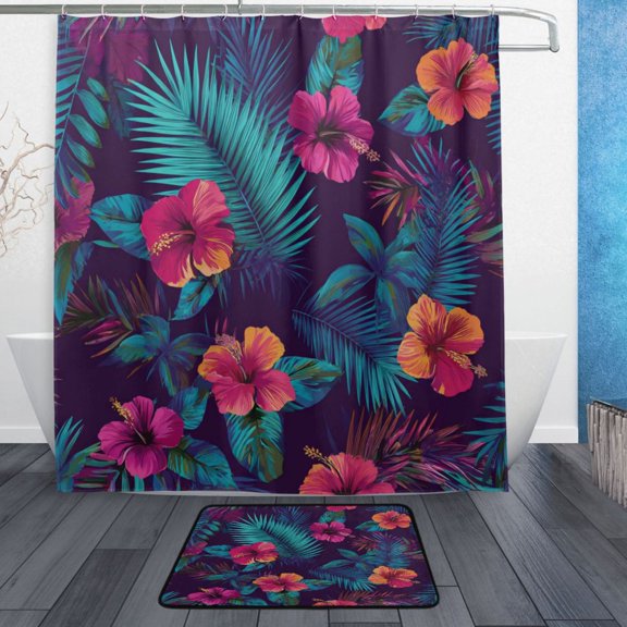 Modern Shower Curtain Set ,Waterproof Bathroom Shower Curtain Decorative Set with 12 pcs Hooks,Dotted Plastic Base Non-slip Durable 66 x 72in Tropical Floral Pattern